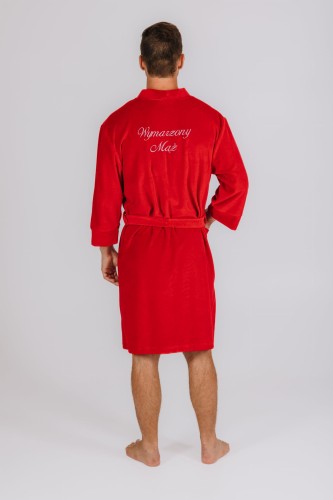 szlafrok męski welurowy krótszy czerwony z haftem na plecach