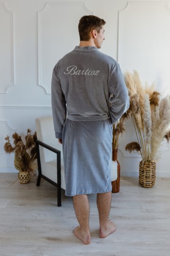 szlafrok welurowy szary męski z haftem