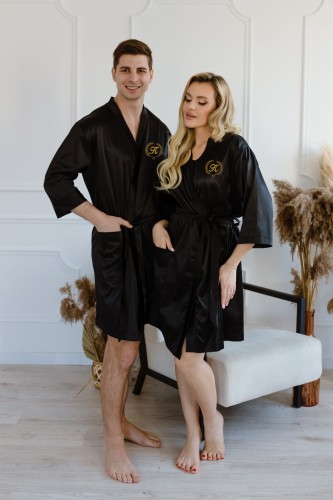 szlafroki dla par czarne satynowe