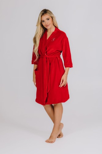 damski welurowy krótszy szlafrok czerwony do kolan